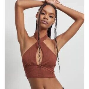 Urban Outfitters Rust Brown Crinkle Knit Plunging Halter Crop Top M